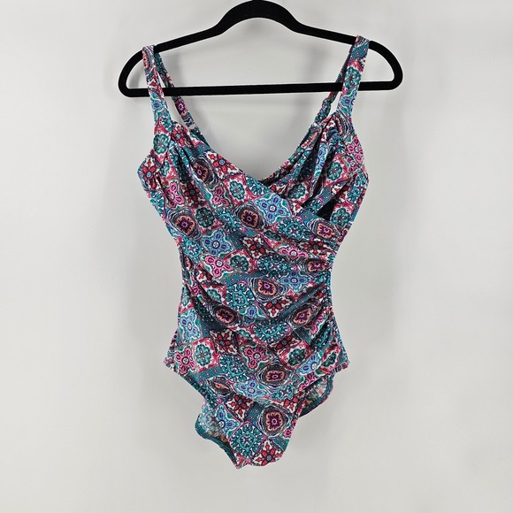 Miraclesuit Other - Miraclesuit One Piece Swimsuit 6 Pink Blue Ruched Medallion Slimming Resort Boho